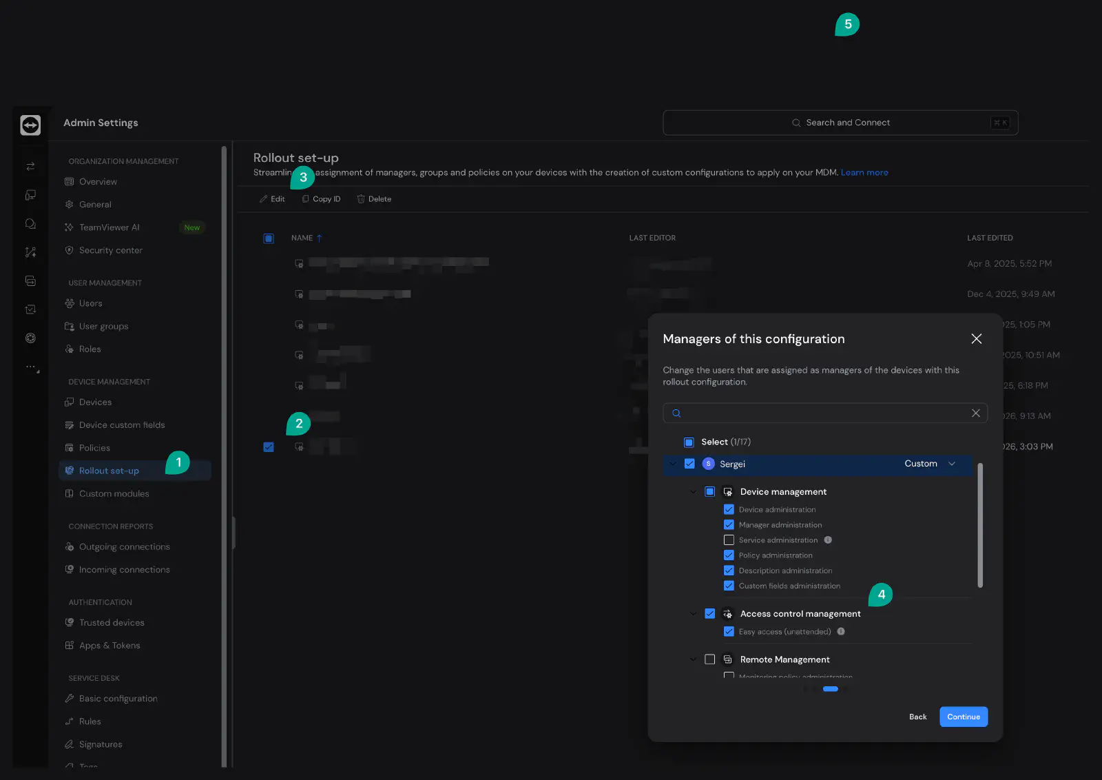 TeamViewer portal rollout configuration showing Allow Easy Access option to enable unattended access
