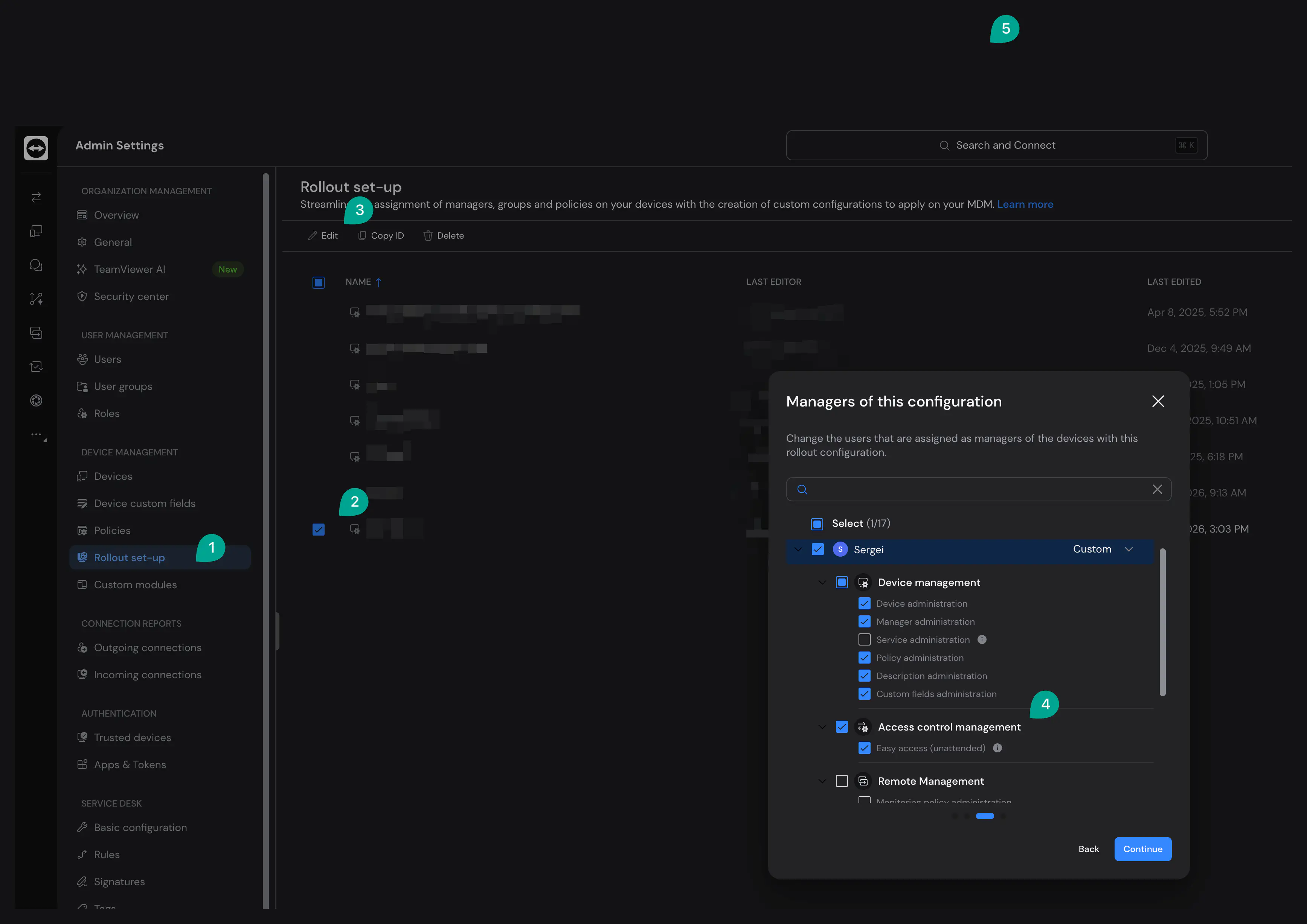 TeamViewer portal rollout configuration showing Allow Easy Access option to enable unattended access