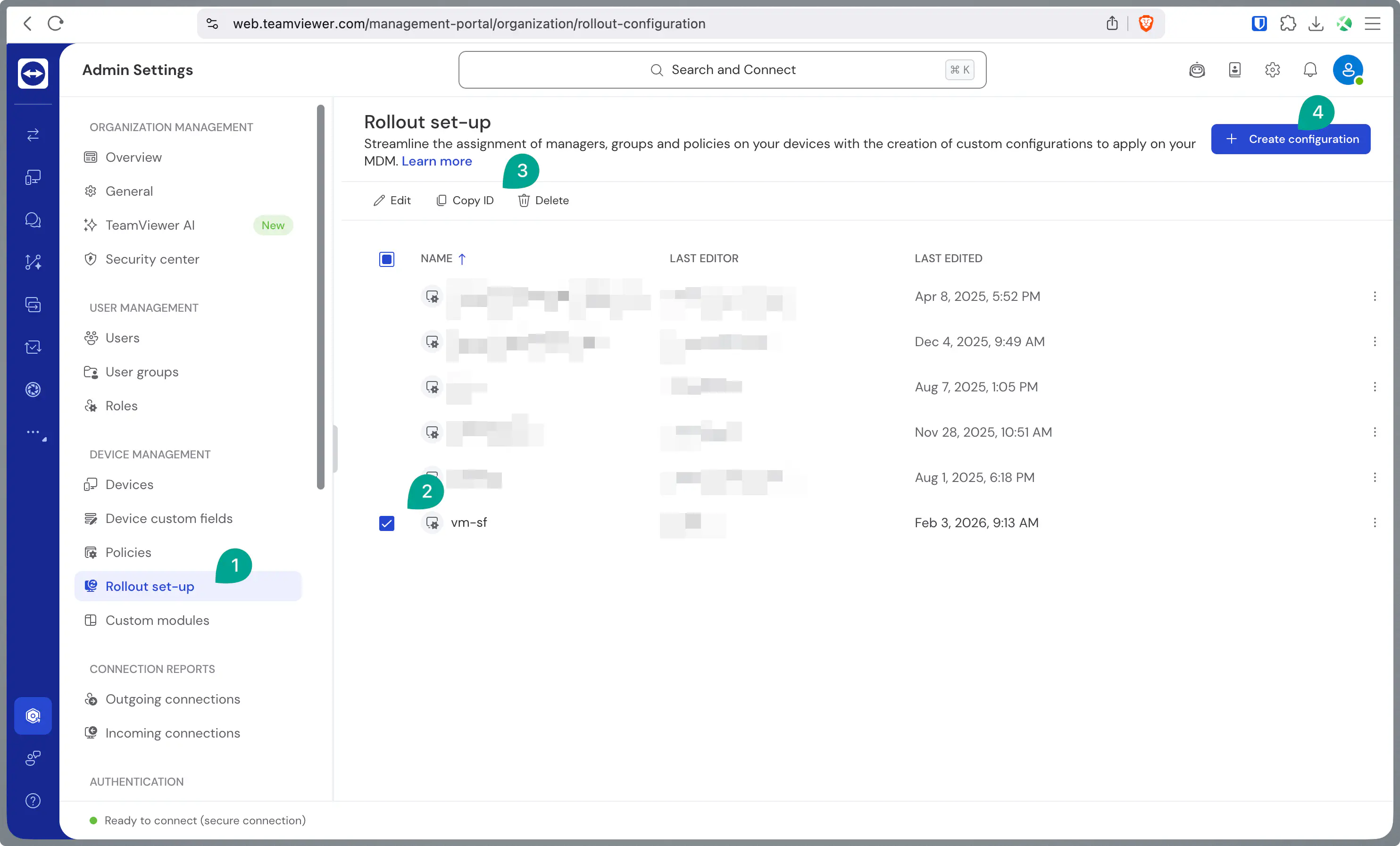 TeamViewer portal rollout configuration showing Assignment ID for automatic device assignment