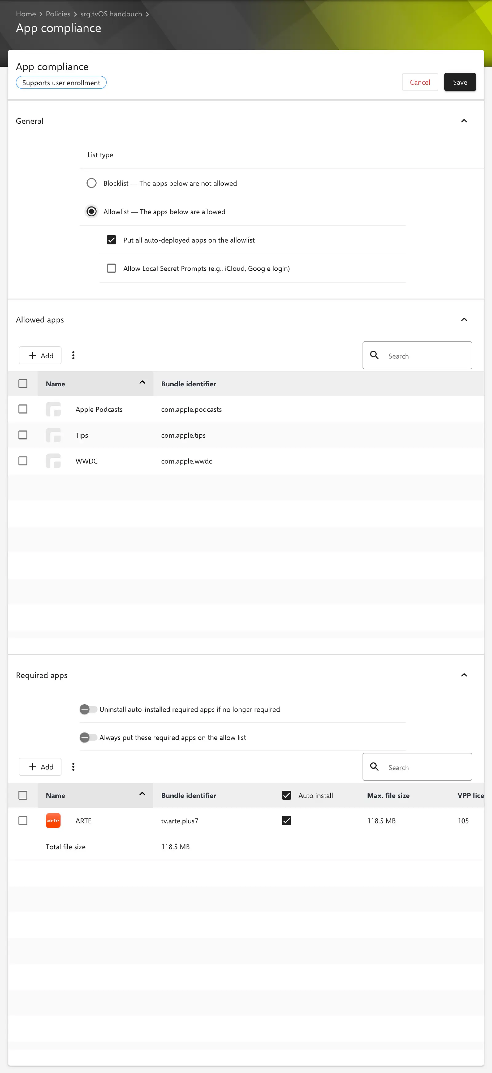 Configuration Conformité App avec une liste d’autorisation et la section des apps autorisées