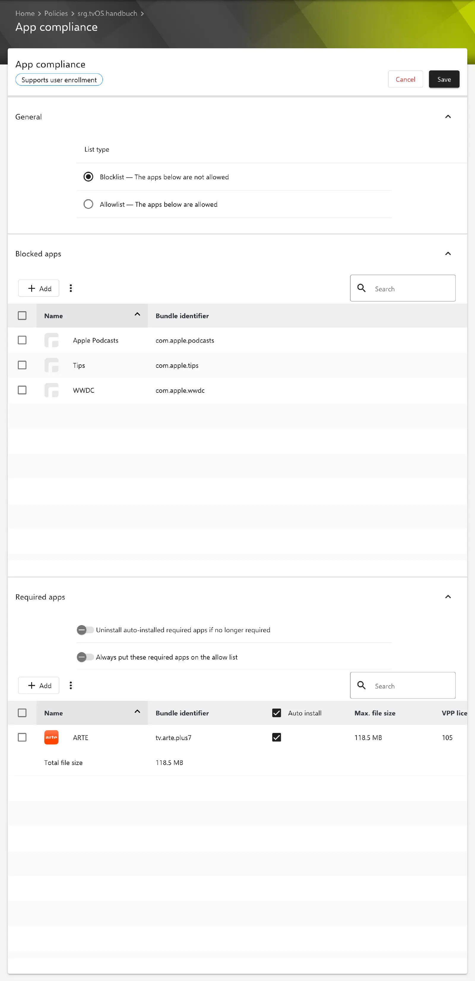 Configuration Conformité App avec une liste de blocage et la section des apps bloquées
