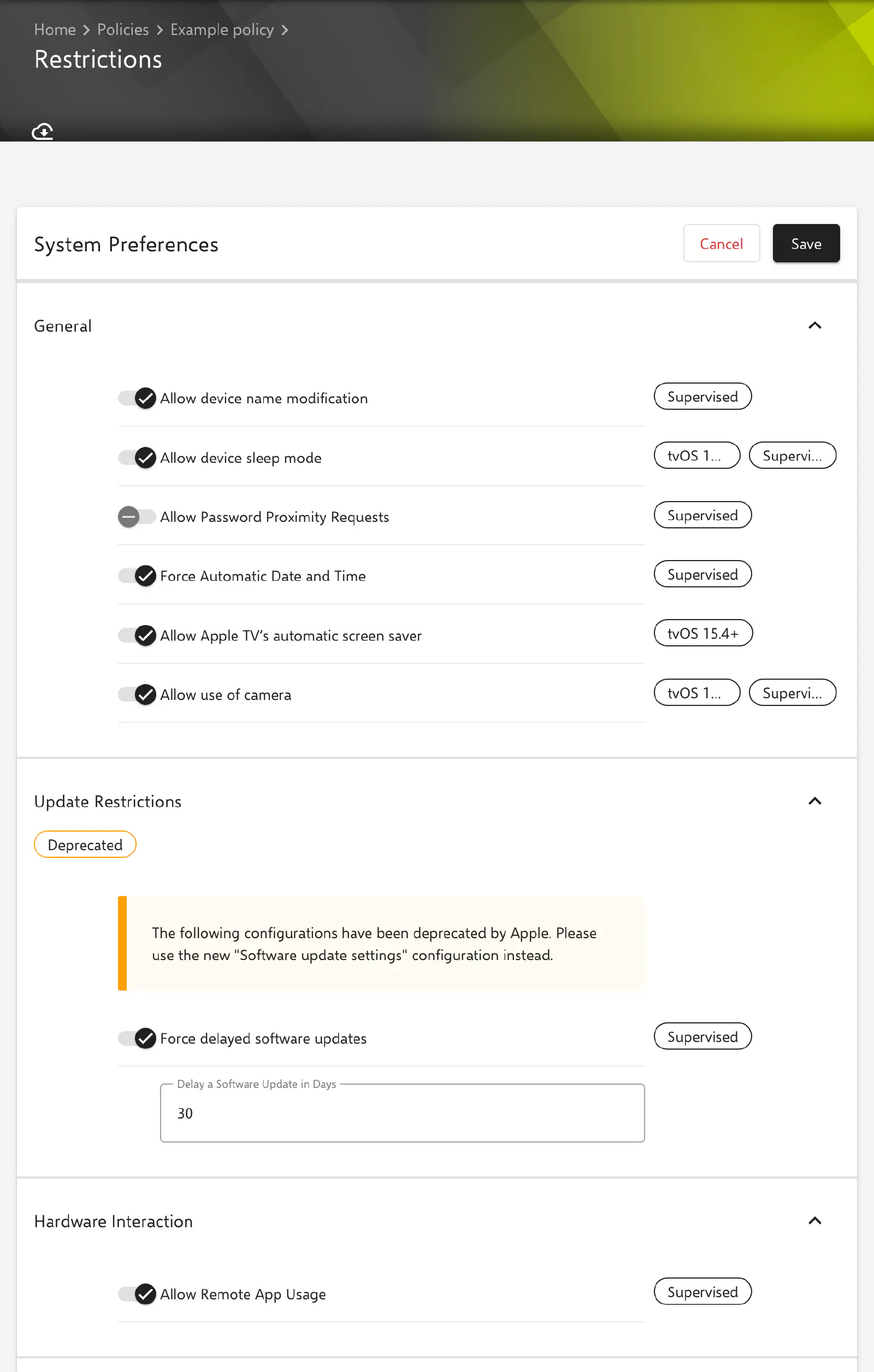 Restrictions form in the Relution portal