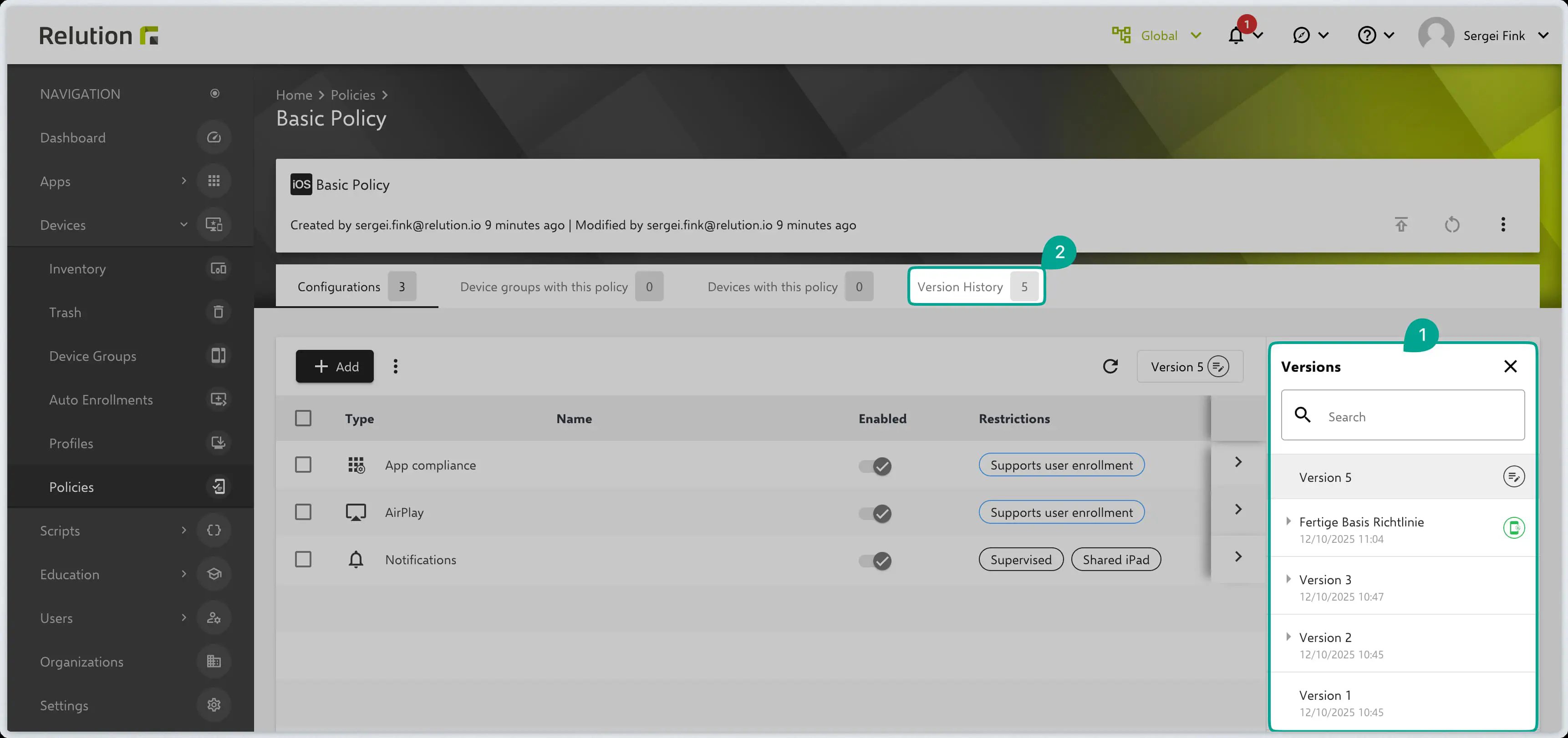Relution policy versions sidebar showing template, published version, and version info