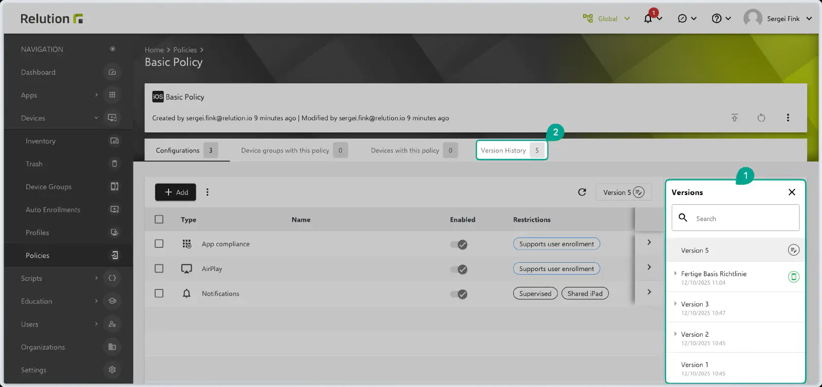 Relution policy versions sidebar showing template, published version, and version info