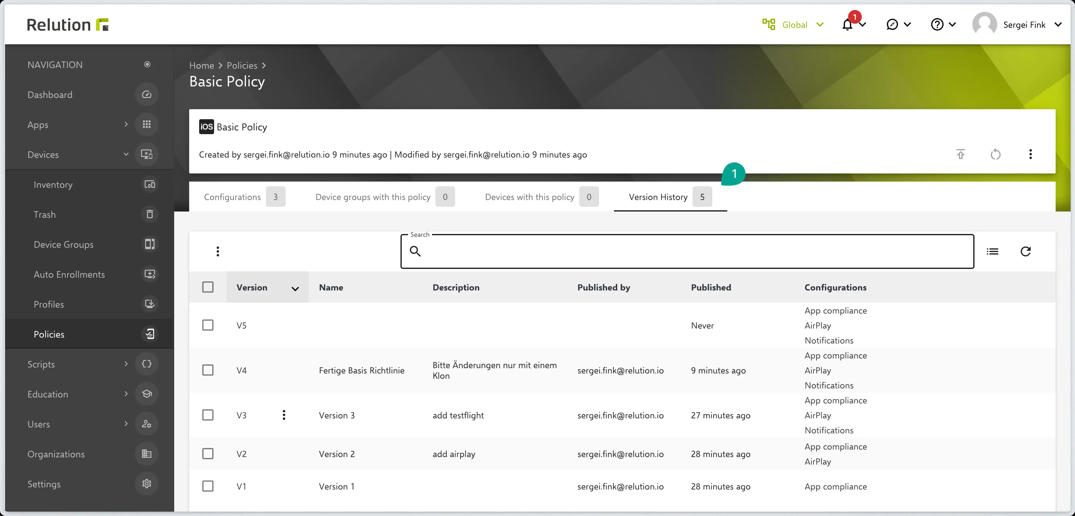 Relution policy version history tab listing all published versions with details