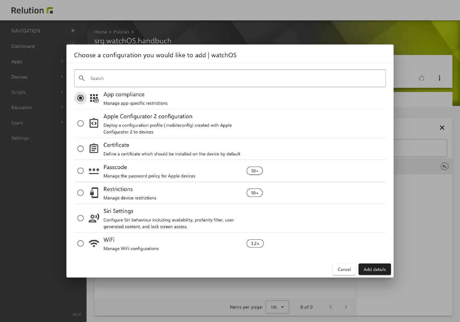 Selecting the App compliance configuration in a watchOS policy