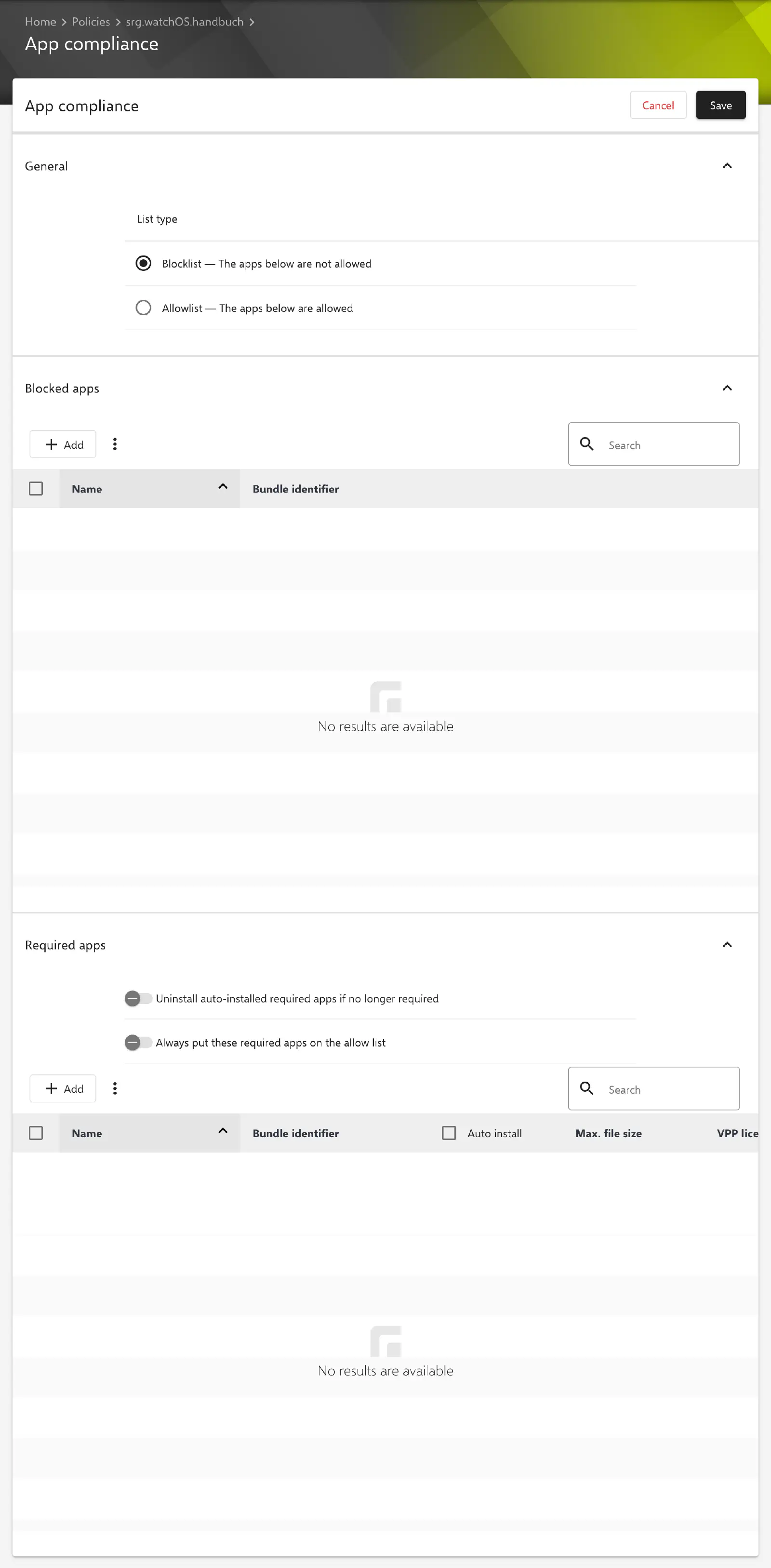 App compliance configuration form in a watchOS policy