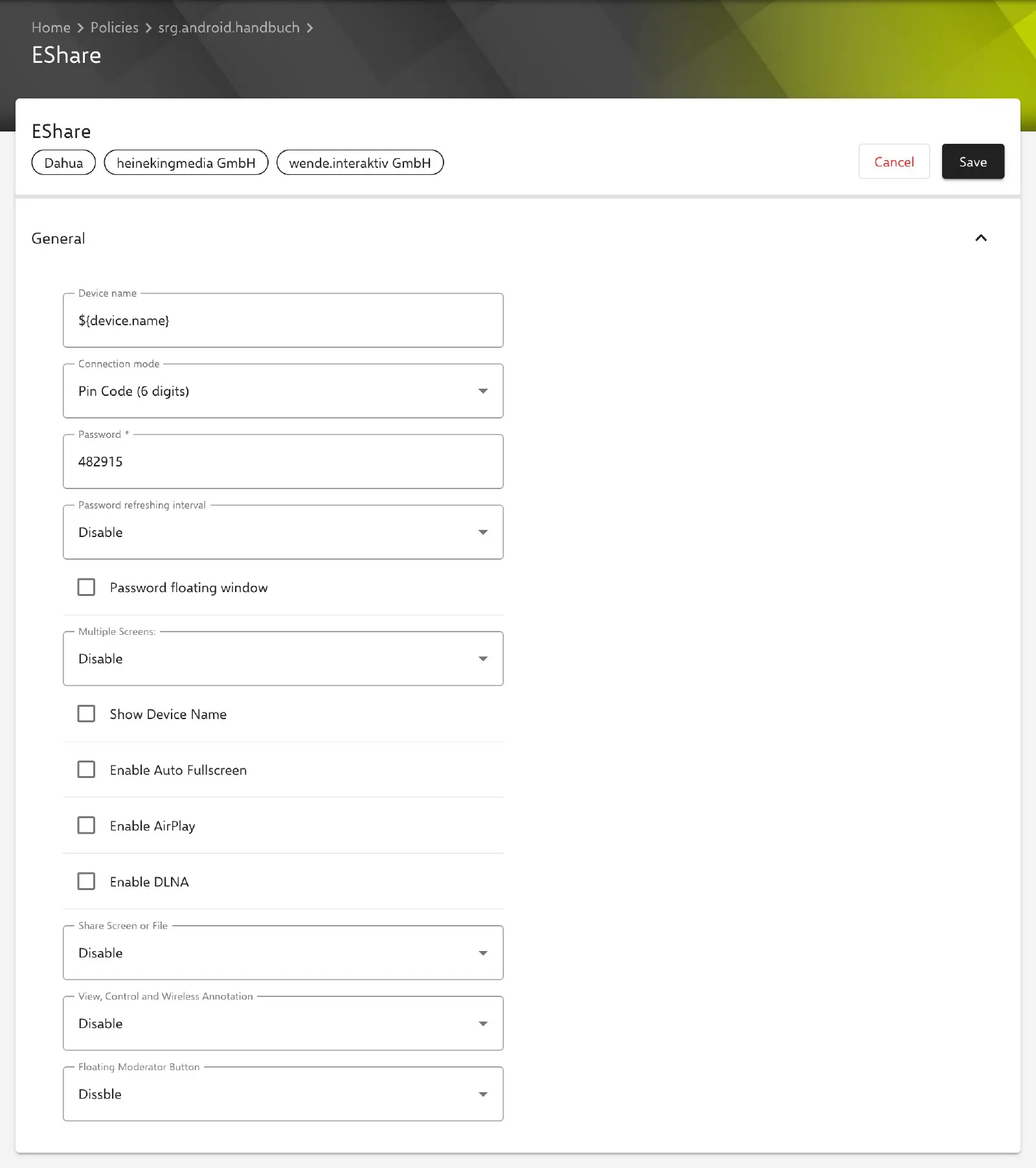 EShare screen sharing policy configuration for interactive whiteboards