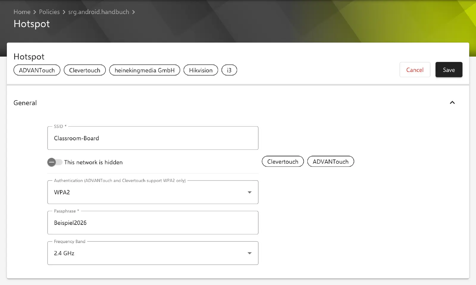 Hotspot policy configuration for interactive whiteboards in Relution