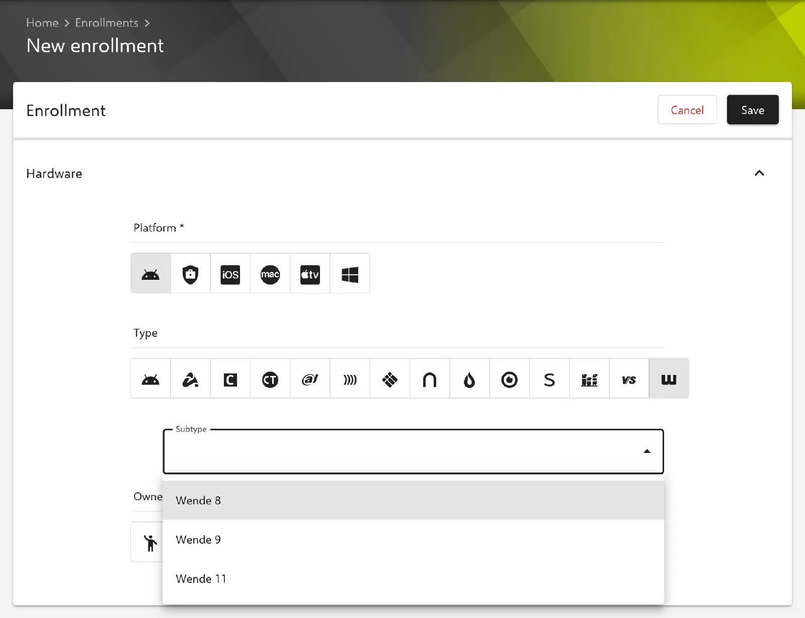Relution enrollment creation form showing Wende whiteboard type and Android subtype selection