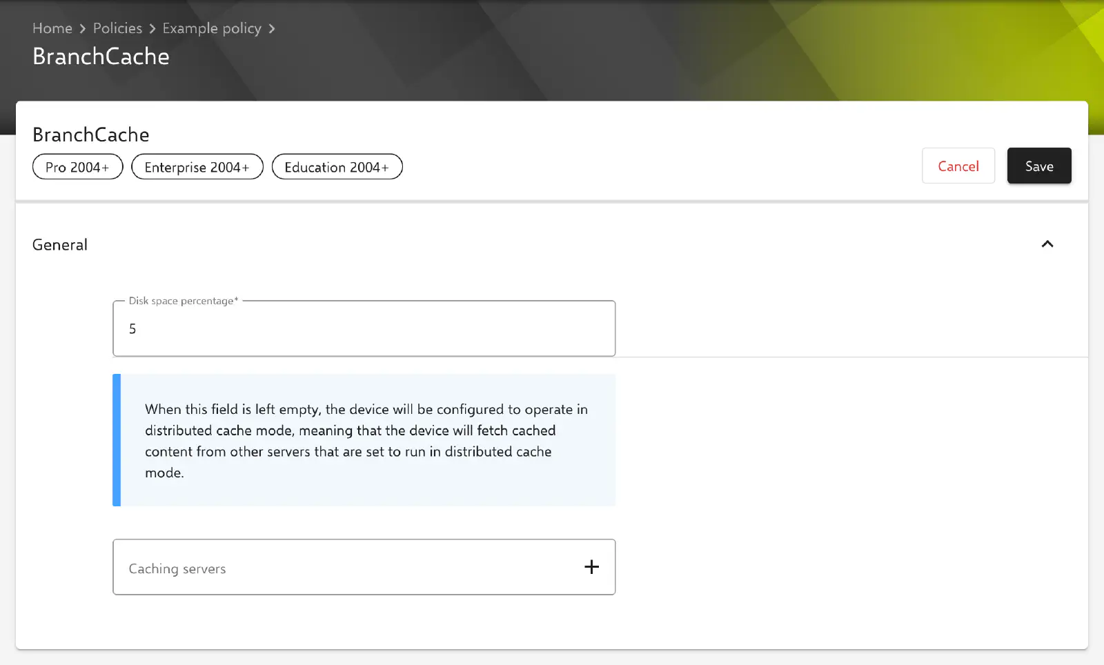 BranchCache form in the Relution portal
