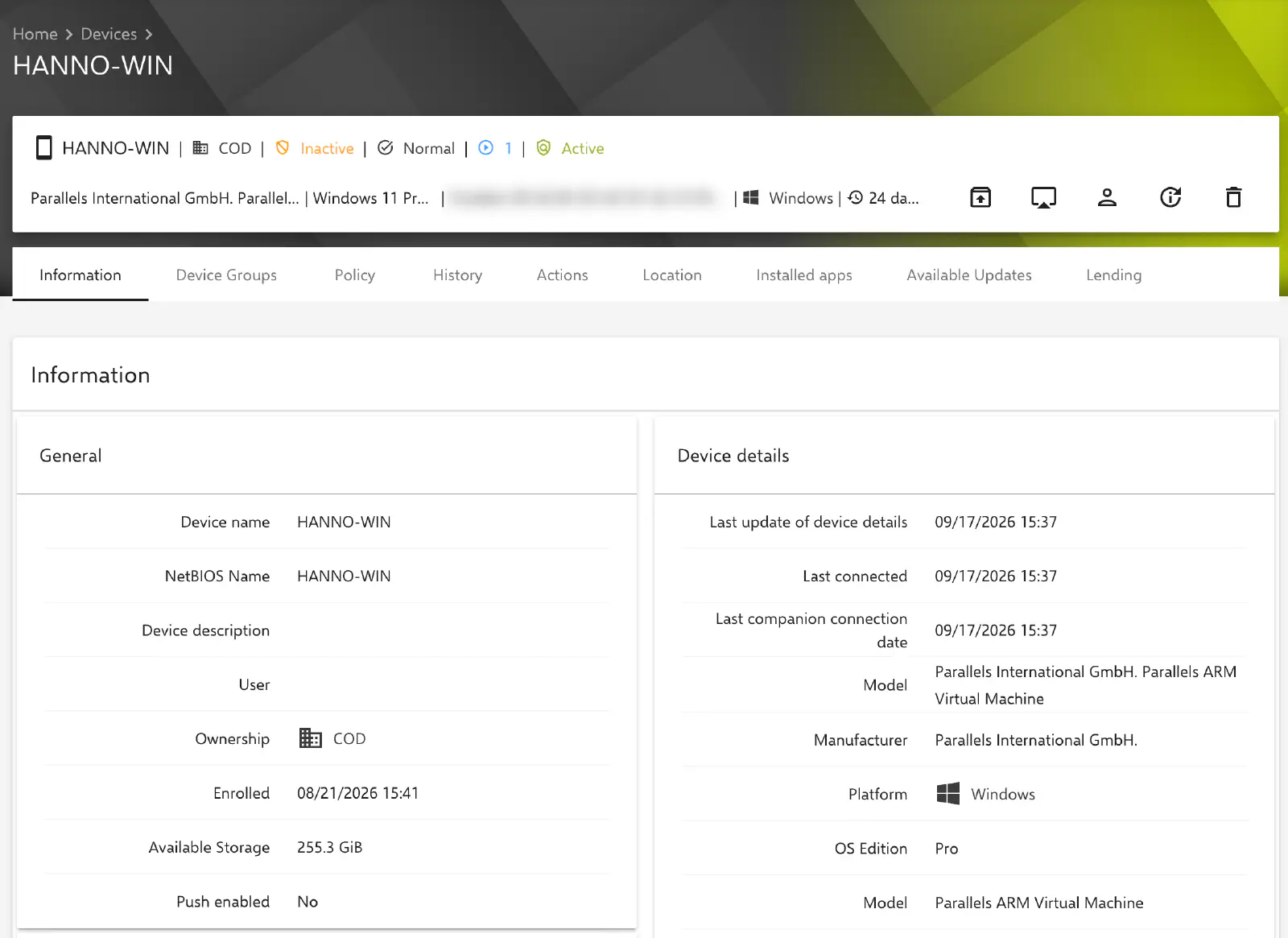 Enrolled Windows device in the Relution device details view