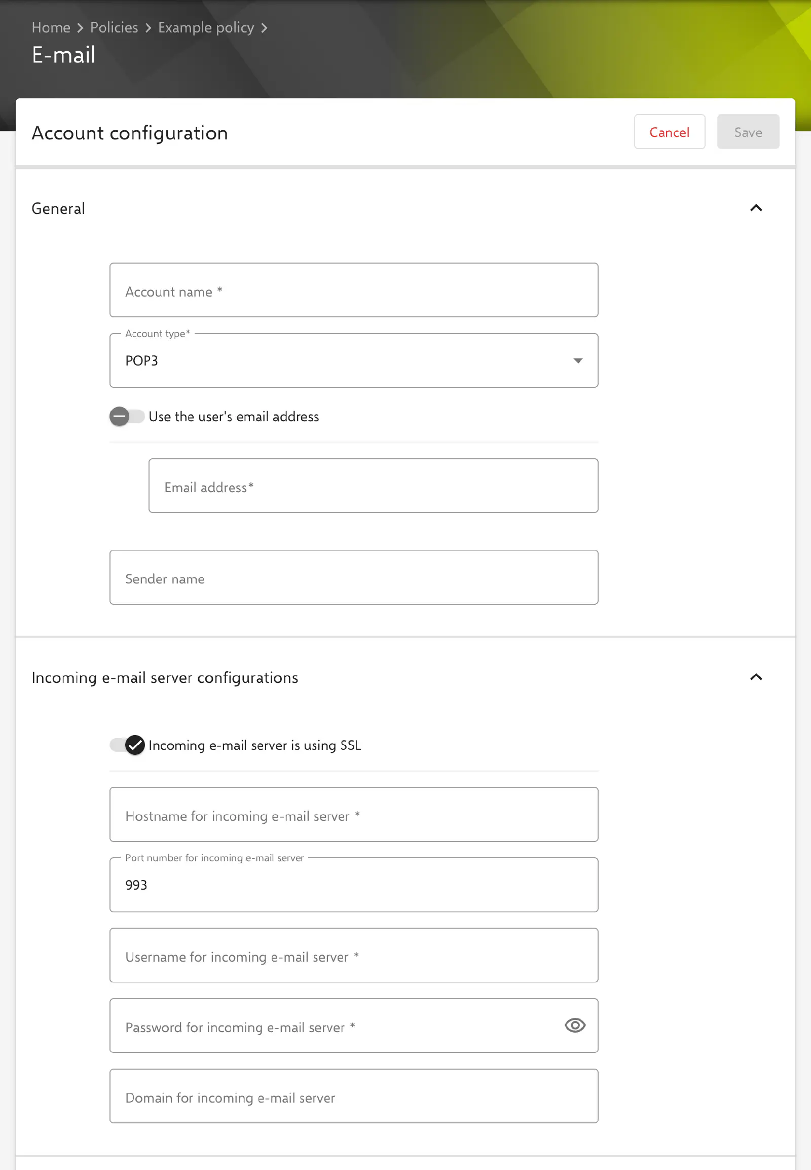 E-mail form in the Relution portal