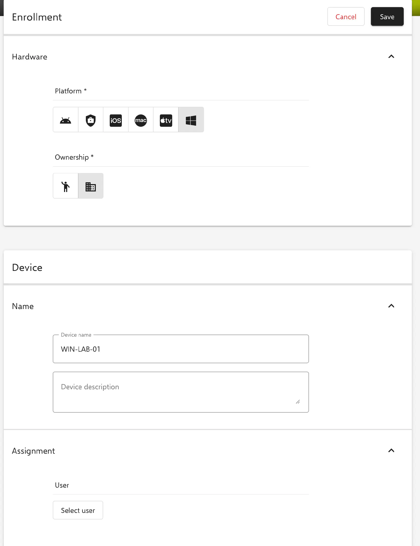 Relution portal new enrollment creation form for Windows device manual enrollment