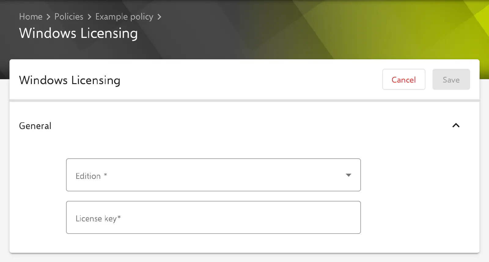 Windows Licensing form in the Relution portal