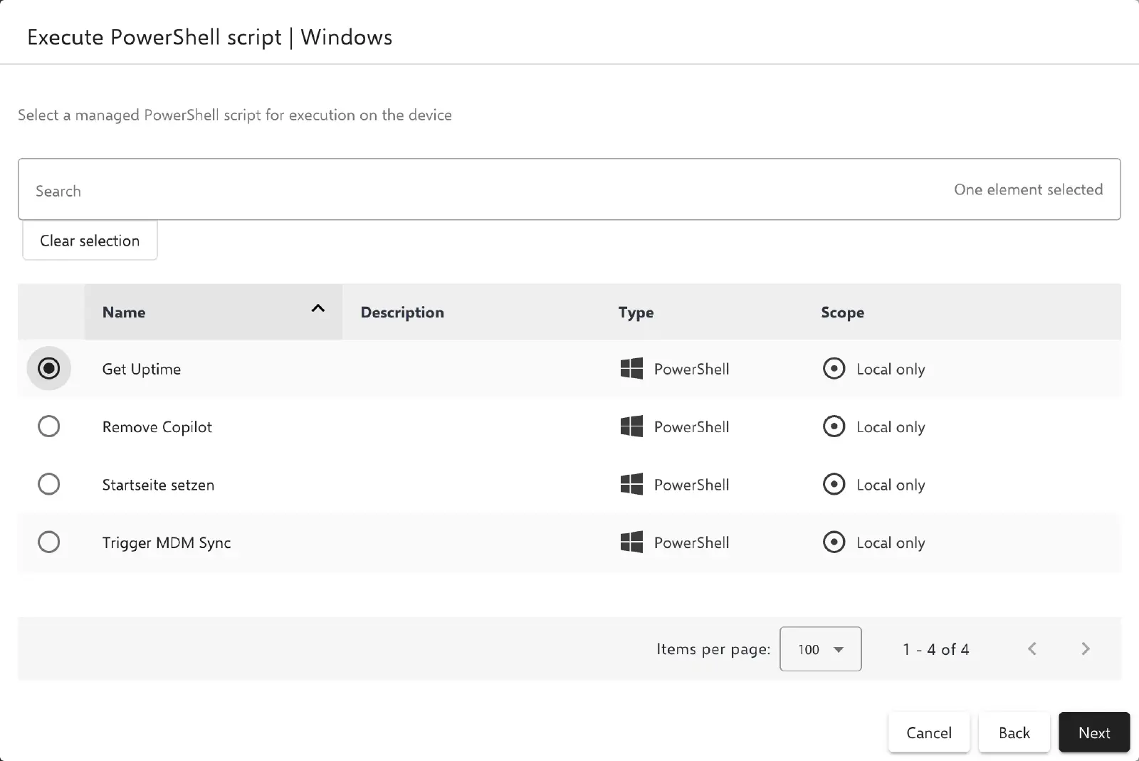 Relution Execute PowerShell script action showing the list of managed scripts to select