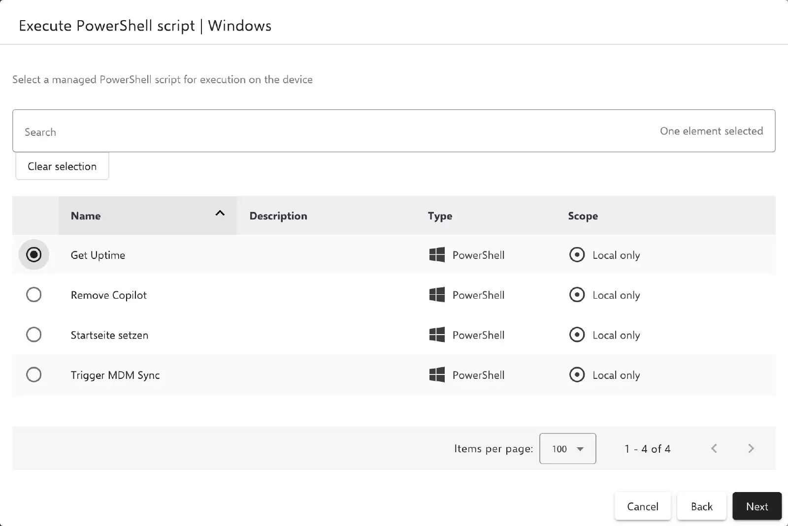 Relution Execute PowerShell script action showing the list of managed scripts to select