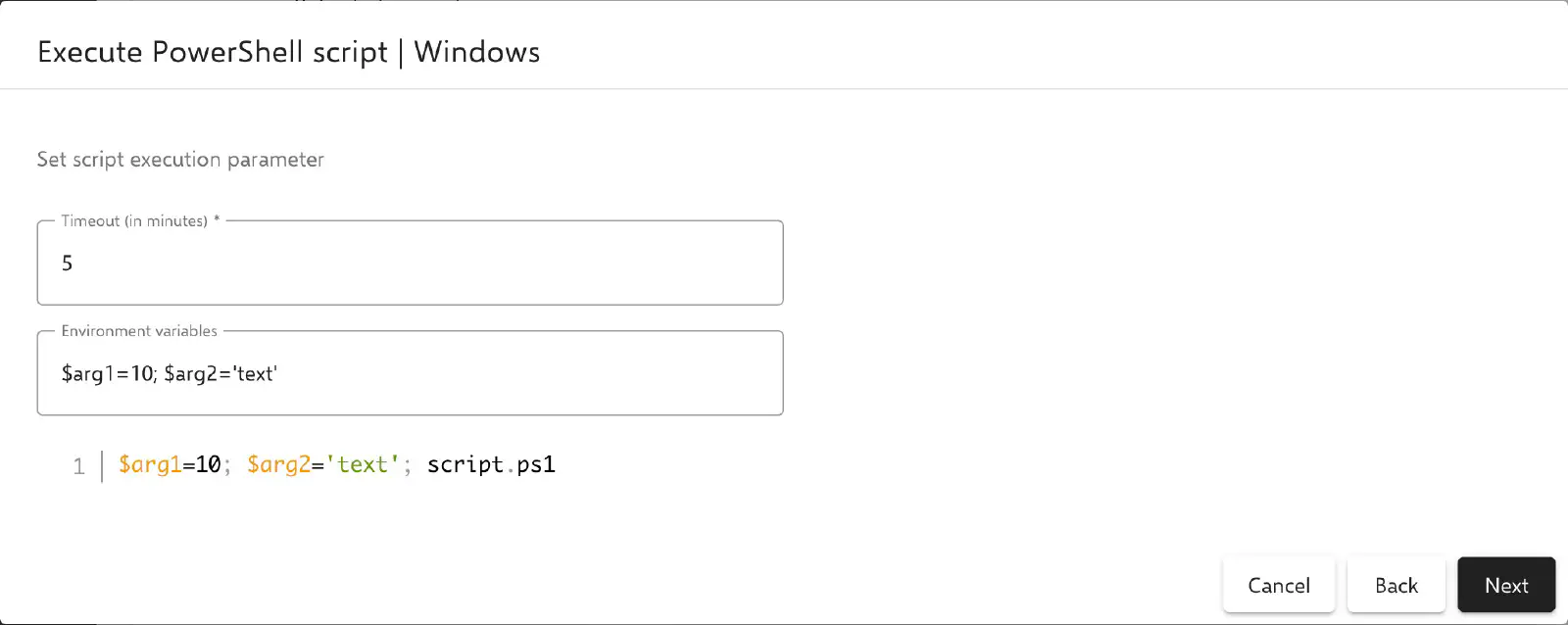 Relution Execute PowerShell script action showing the timeout and environment variables fields