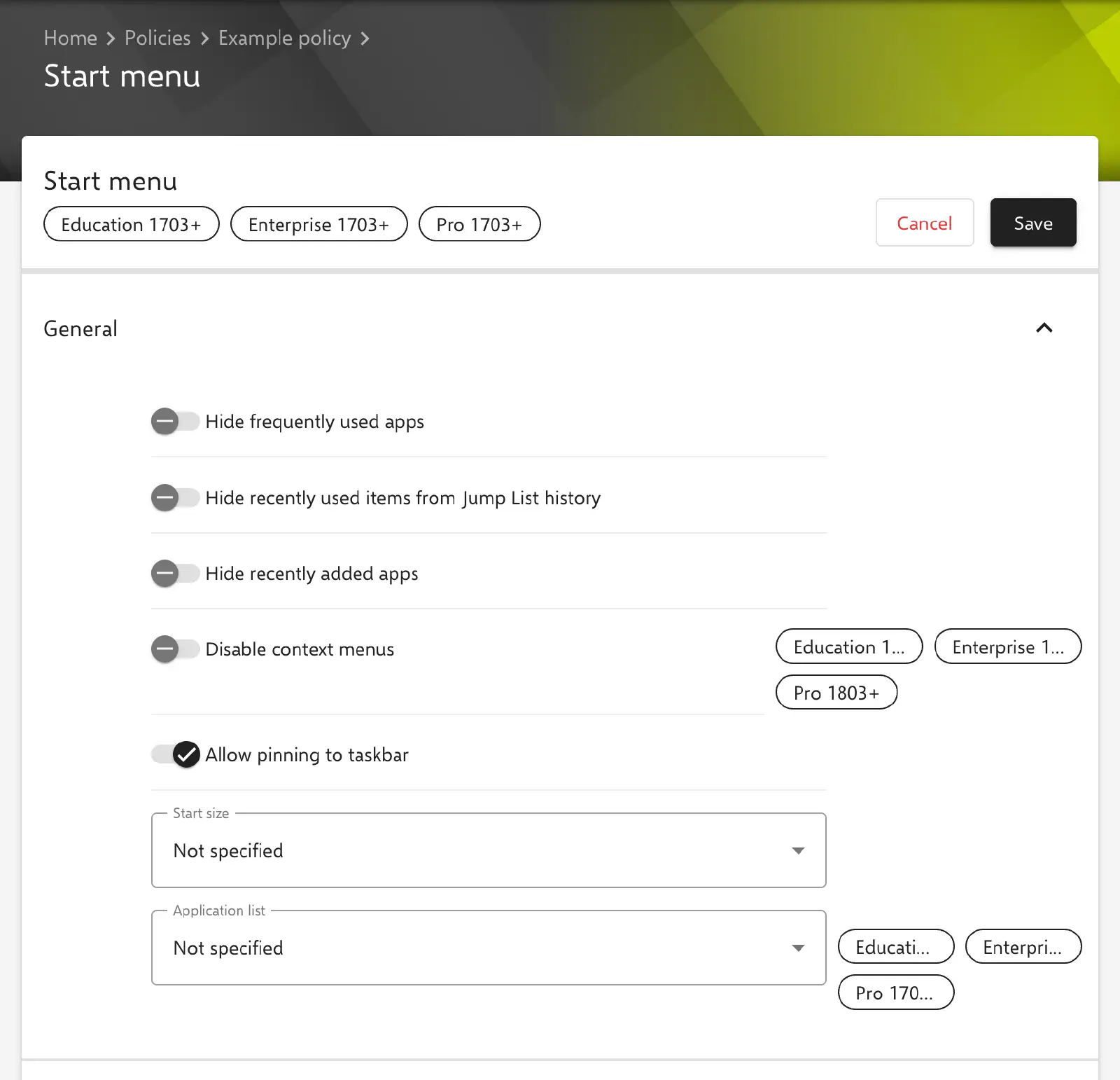 Start menu form in the Relution portal