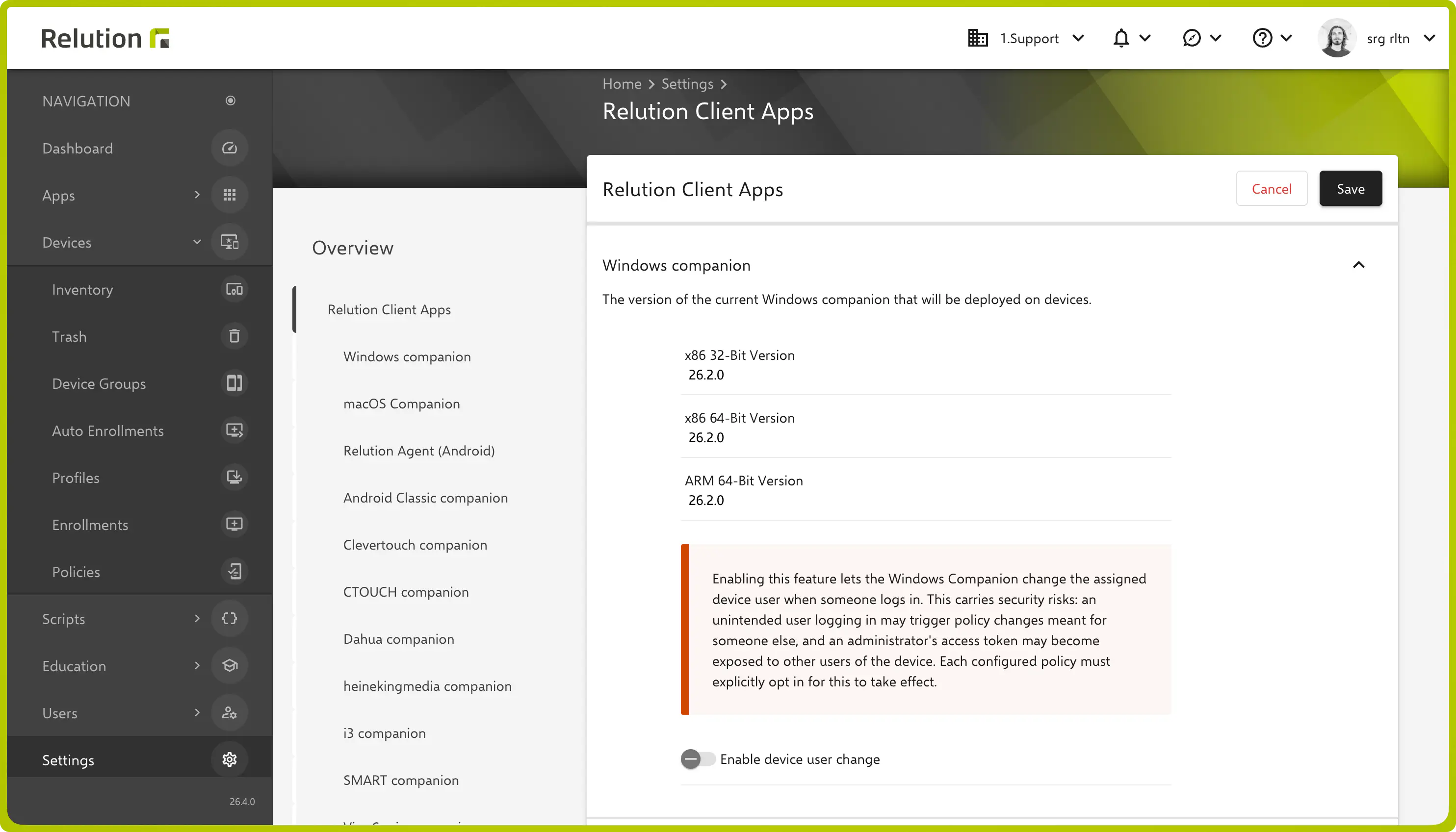 Activation du changement d’utilisateur de l’appareil au niveau de l’organisation dans les paramètres des applications client
