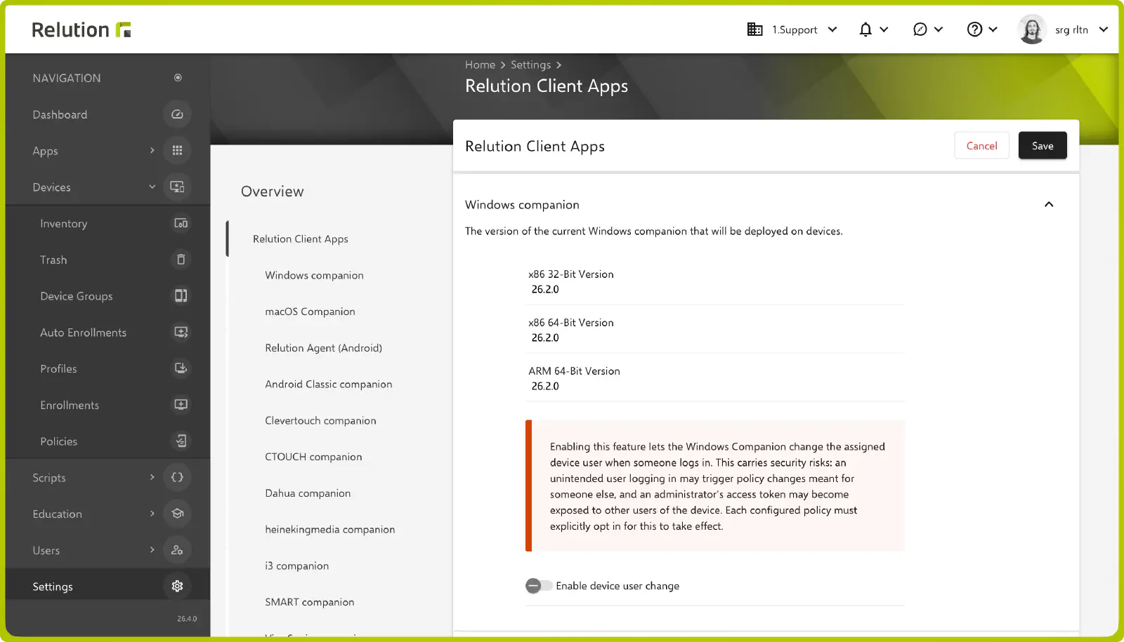Activation du changement d’utilisateur de l’appareil au niveau de l’organisation dans les paramètres des applications client
