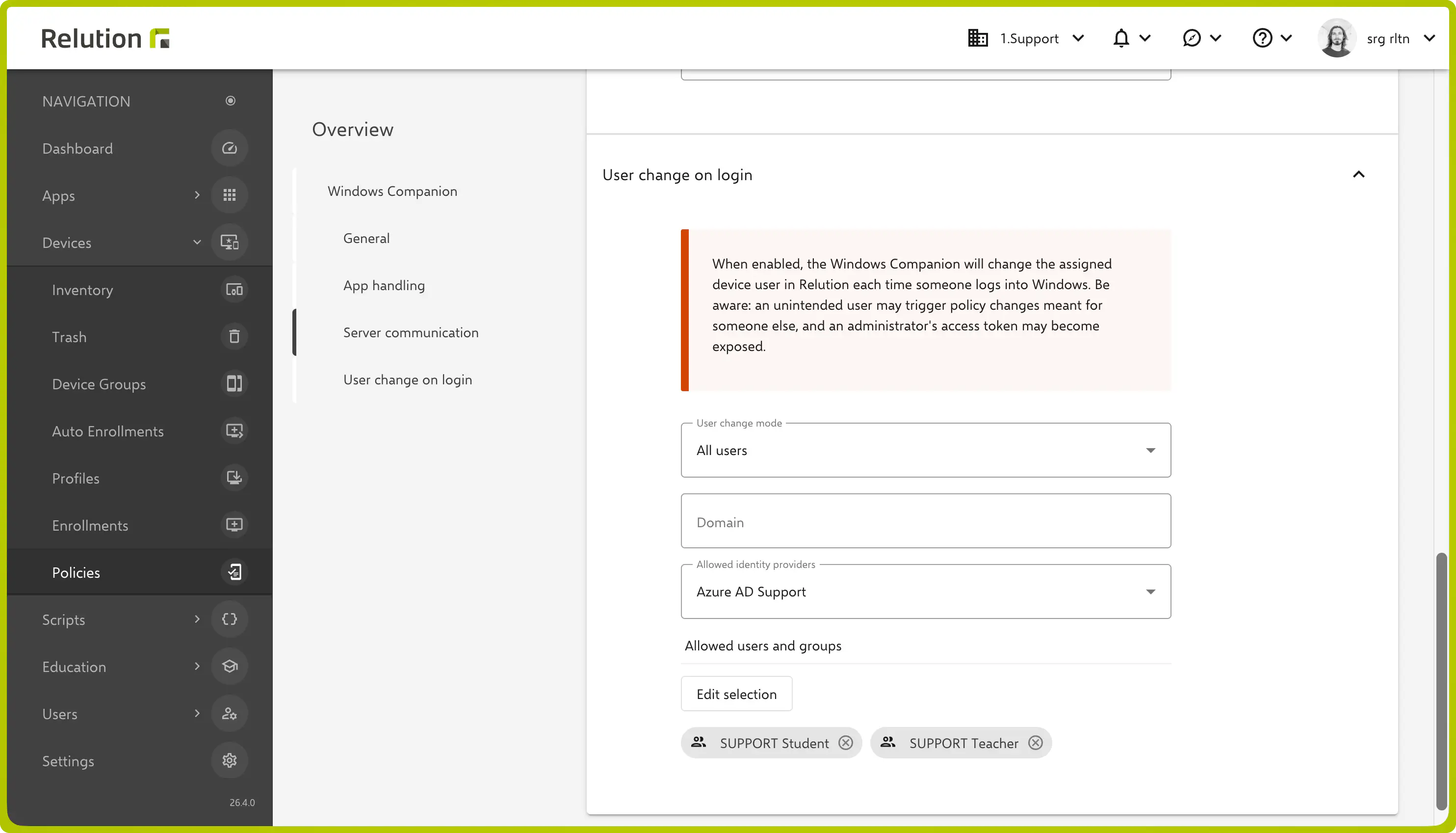 Configuration du mode de changement d’utilisateur, du domaine, des fournisseurs d’identité et des utilisateurs/groupes autorisés dans la politique Windows Companion