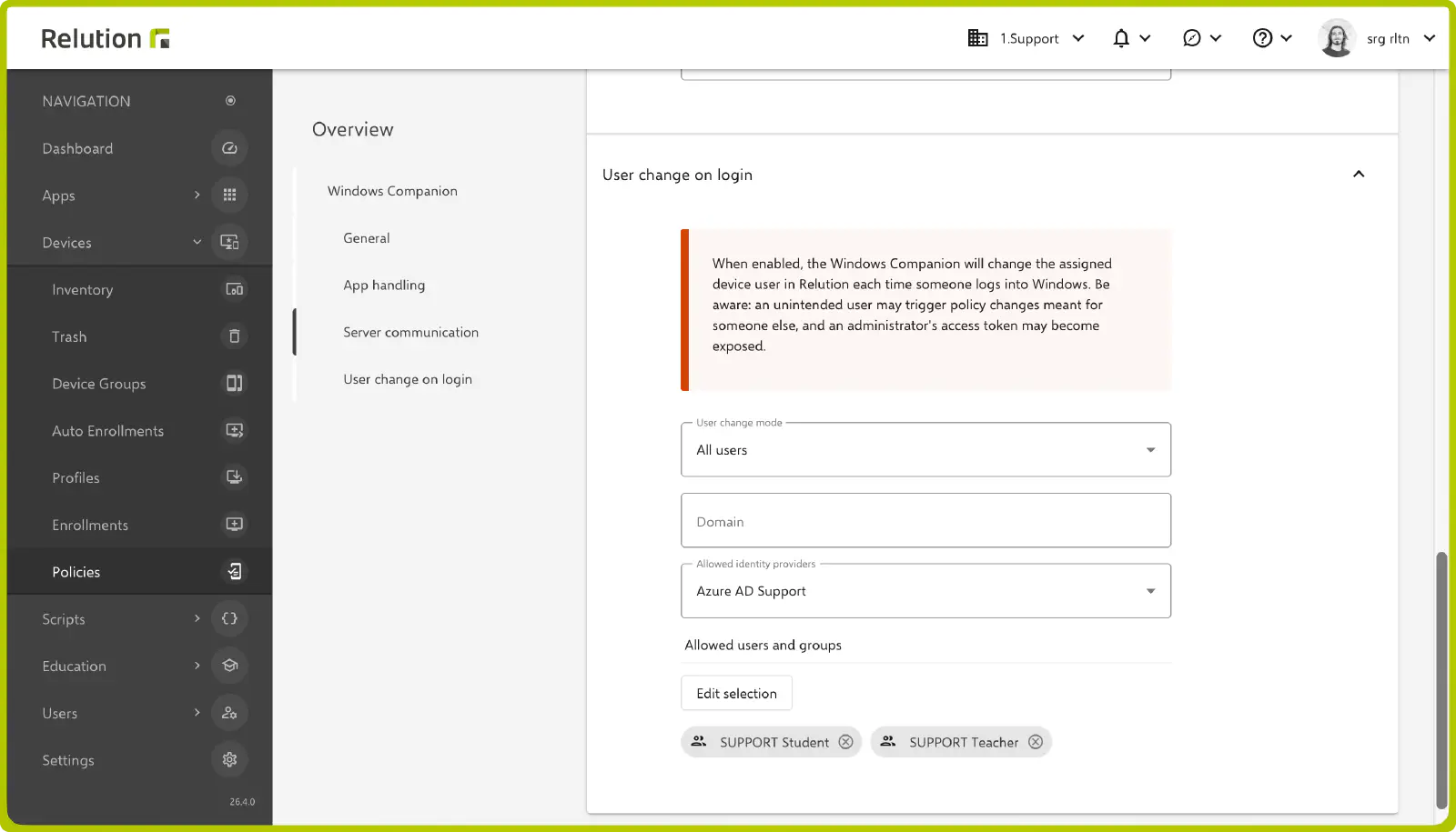 Configuration du mode de changement d’utilisateur, du domaine, des fournisseurs d’identité et des utilisateurs/groupes autorisés dans la politique Windows Companion