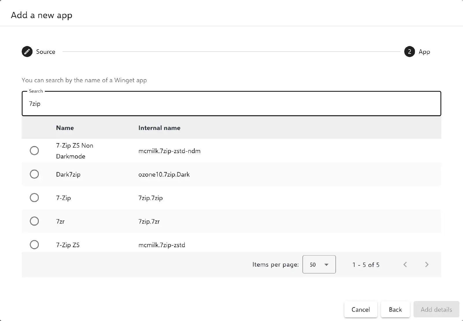 Relution WinGet app search dialog for finding and adding apps to the Relution App Store