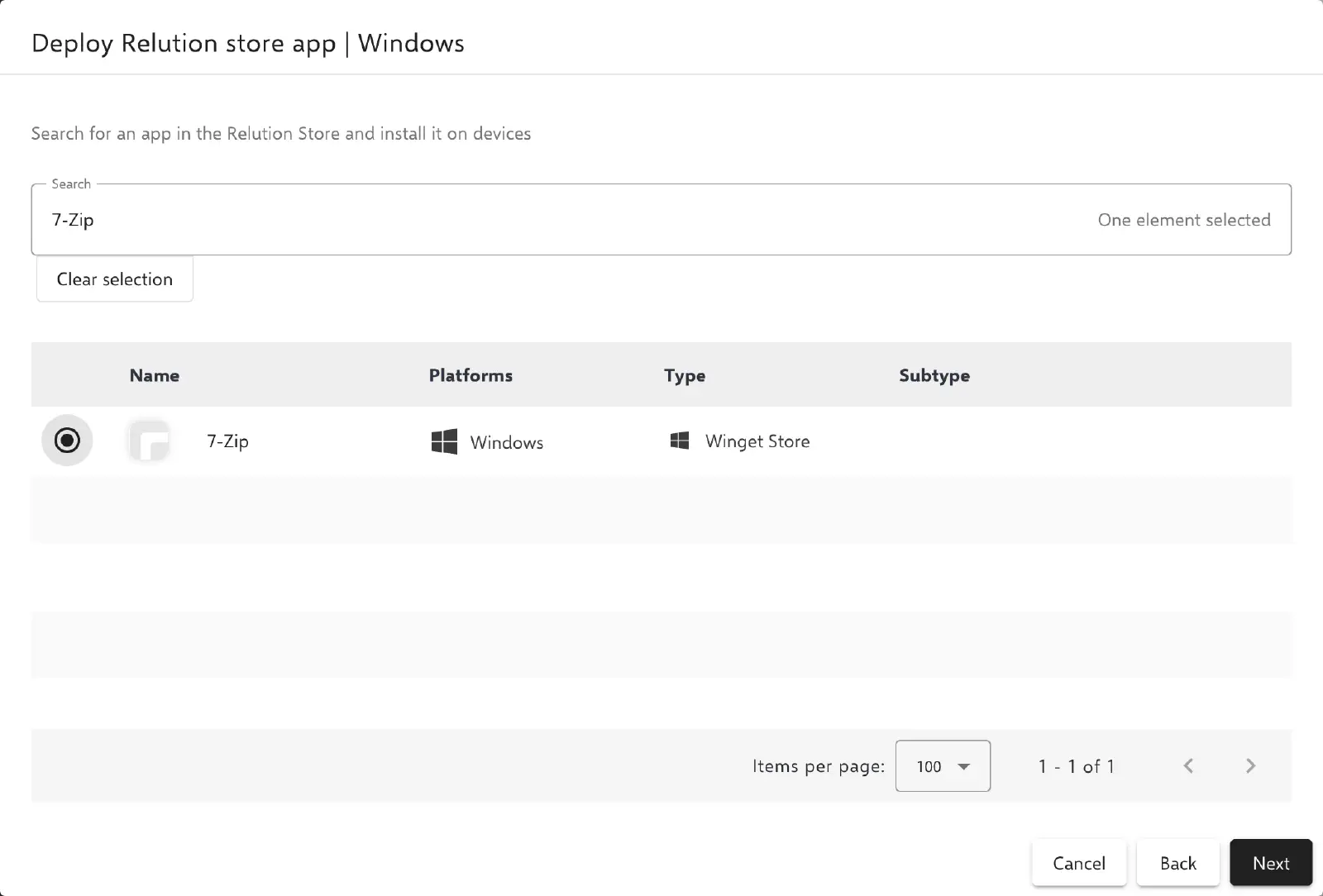 Relution deploy action WinGet app selection list showing available apps to deploy