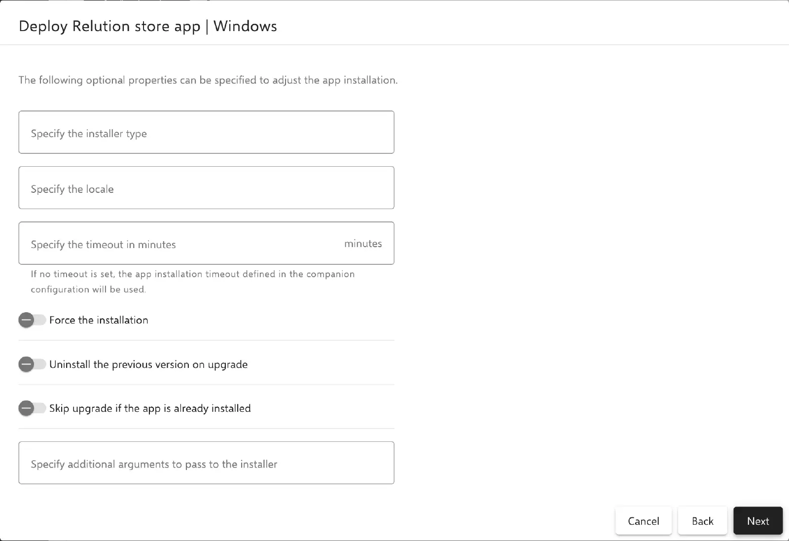 Relution WinGet deploy action optional properties including installer type, locale and timeout settings
